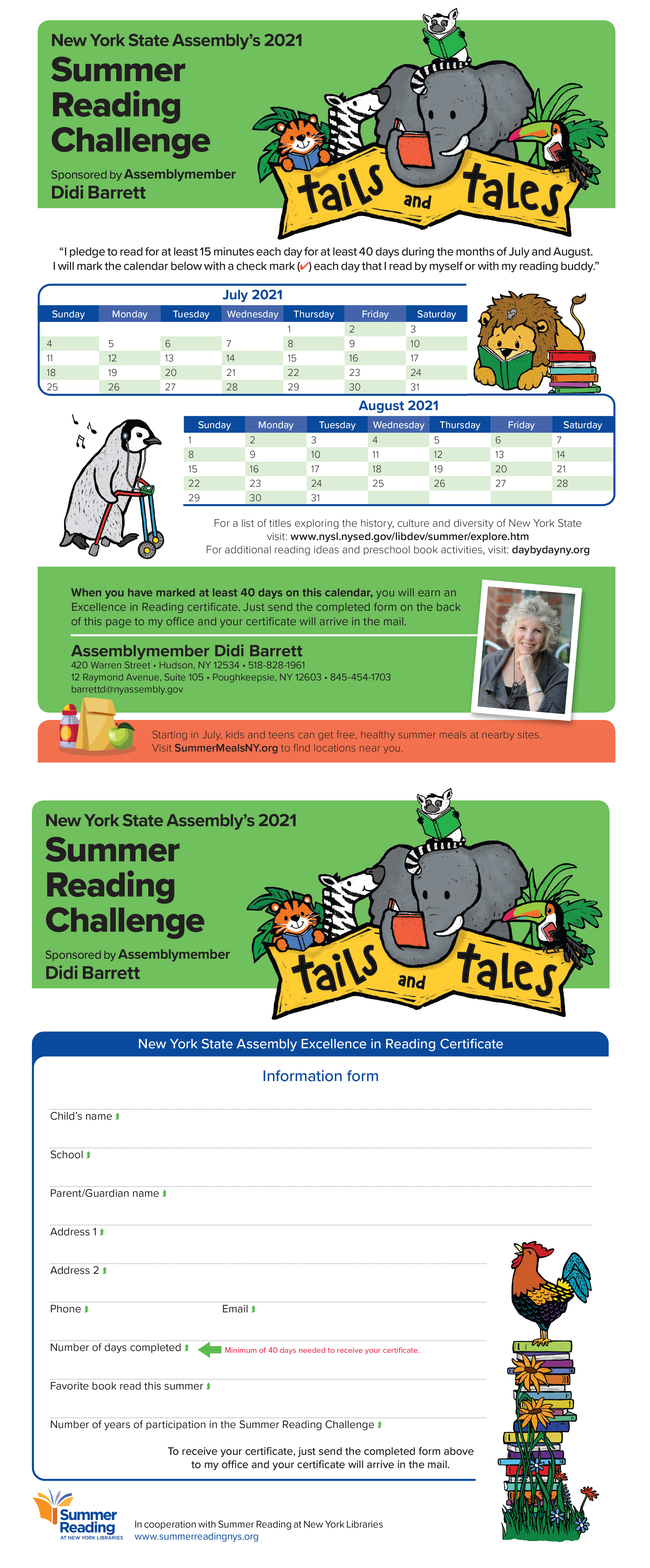 New York State Assembly's 2021 Summer Reading Challenge Calendar