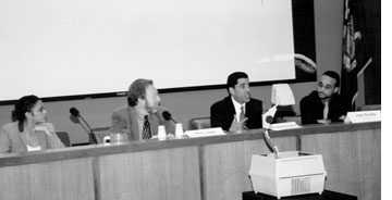 Alexandra Ventura of Governor Patakis Immigration Unit, Mark Lewis, representing the New York Immigration Coalition, Assemblyman Adriano Espaillat, and Jos Peralta, Executive Director, Committee for the Dignity of Immigrants, New York City Central Labor Council at the 2001 Puerto Rican/Hispanic Task Force "Somos el Futuro" Conference.