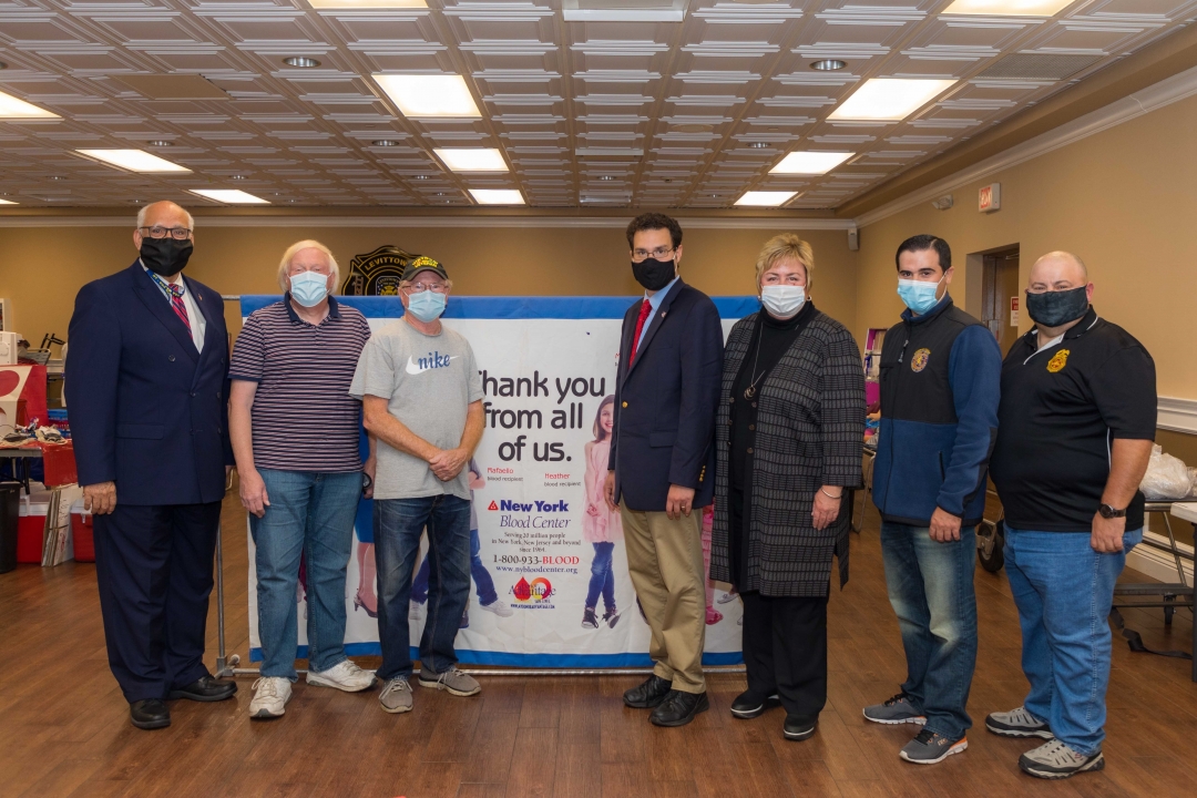 Assemblyman John Mikulin (R,C,I-Bethpage) was joined by (from left to right) Councilman Dennis Dunne, Sr.; Bob Koenig, blood donor; George Gibson, blood donor; Mikulin; Town Clerk Kate Murray; Legisla