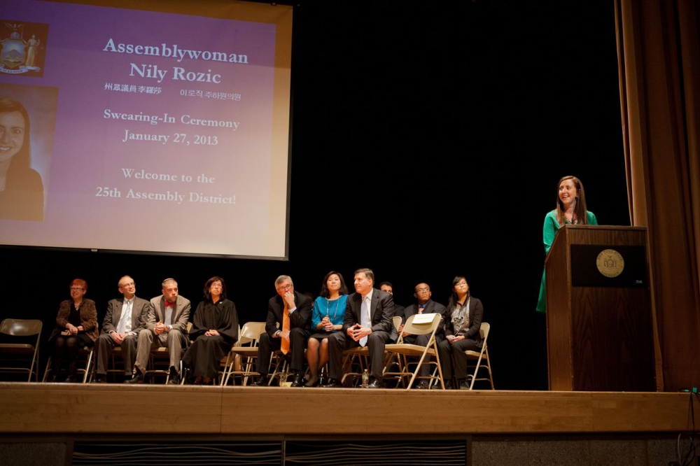 Assemblywoman Nily Rozic celebrates her swearing-in with friends, family, colleagues, and community members at Townsend Harris High School in Flushing.