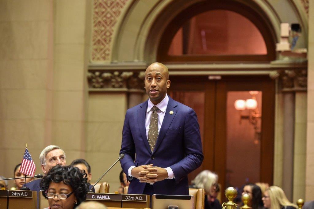 Clyde Vanel speaks in support of the Resolution recognizing the victims of the 2010 earthquake in Haiti. The resolution was introduced by Assembly member Michaelle Solages of the 22nd District and co-