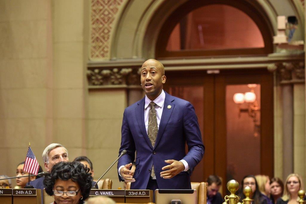 Clyde Vanel speaks in support of the Resolution recognizing the victims of the 2010 earthquake in Haiti. The resolution was introduced by Assembly member Michaelle Solages of the 22nd District and co-