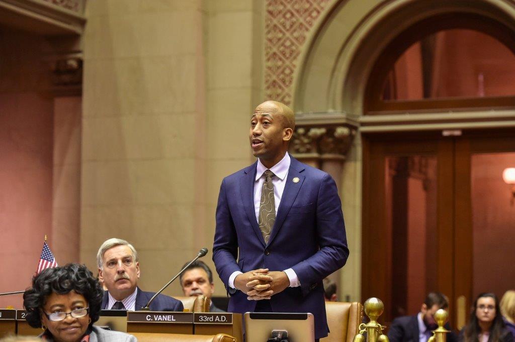 Clyde Vanel speaks in support of the Resolution recognizing the victims of the 2010 earthquake in Haiti. The resolution was introduced by Assembly member Michaelle Solages of the 22nd District and co-