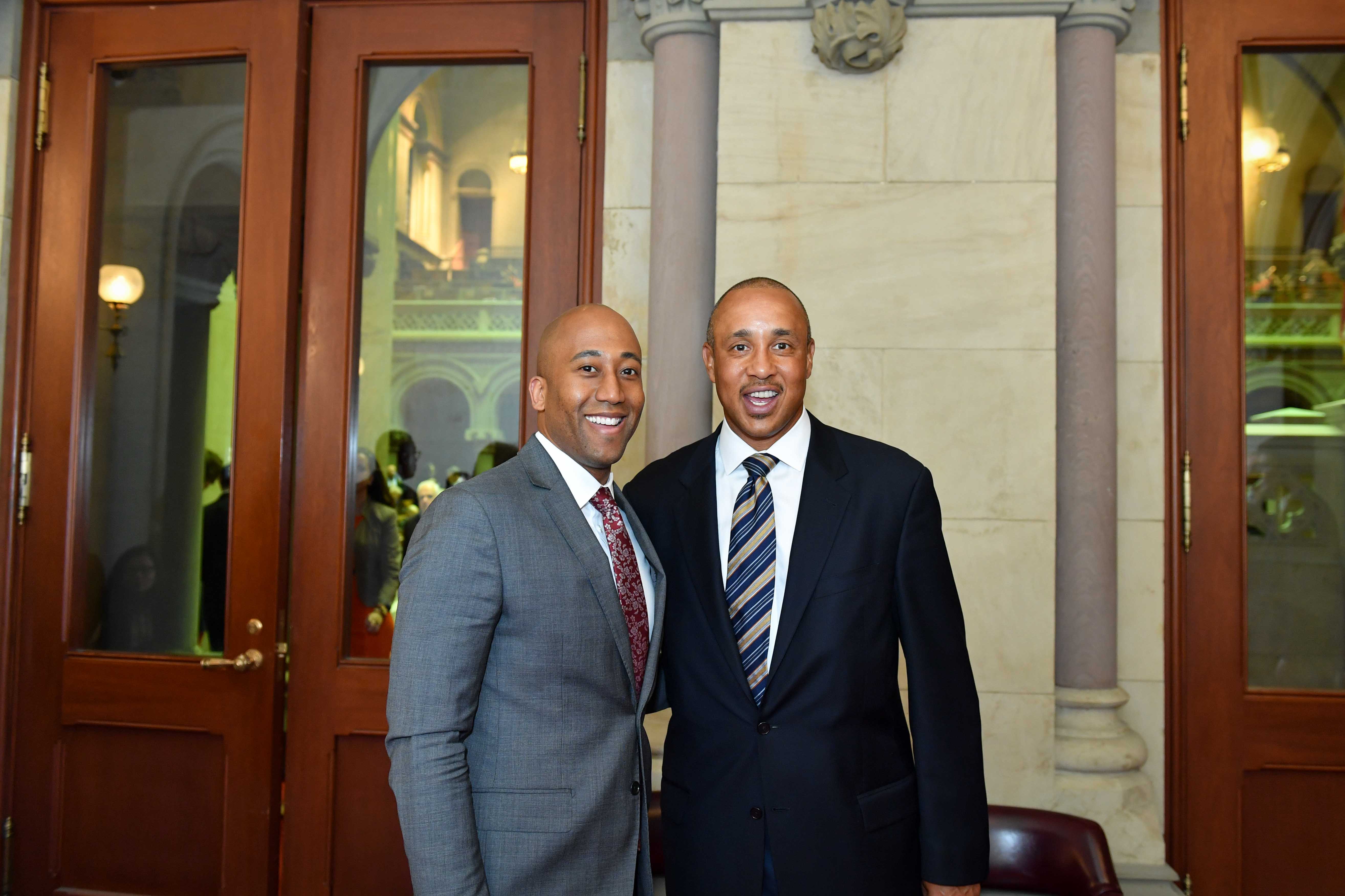 Assembly member Vanel (left) meeting with Former NBA basketball player John Starks