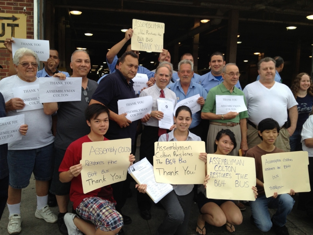 Assemblymember William Colton together with TWU members celebrating a successful campaign to restore B64bus service after it had been cut by the MTA.