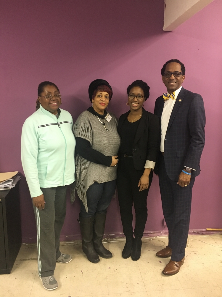 Assemblymember Taylor and staff member Minah White (second from right) attend a meeting of Community Board 10's Senior Task Force on Friday, March 23 2018. Also shown are Task Force members Debor