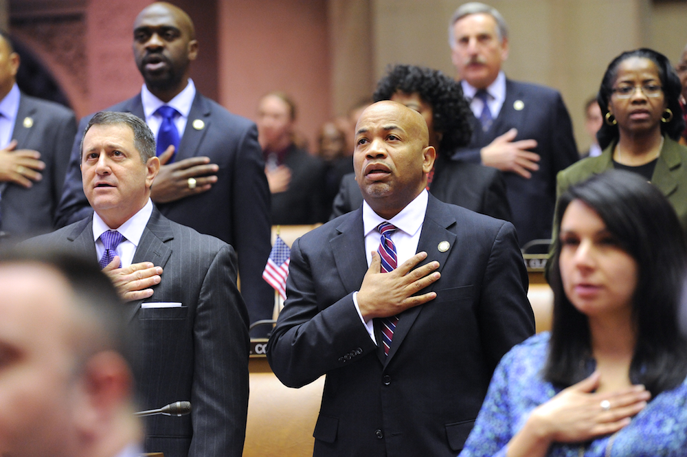 Speaker Heastie and Assembly Majority Leader Joe Morelle recite the Pledge of Allegiance in the Assembly Chamber