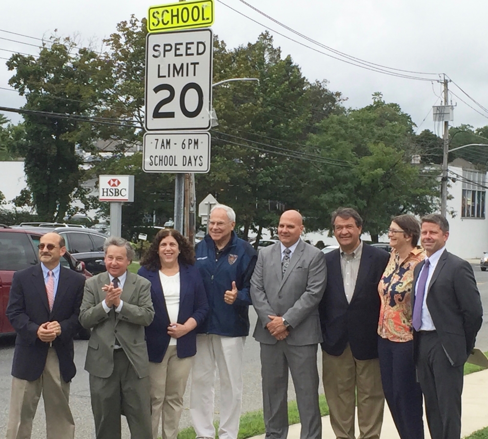 Gathering to announce new school traffic safety improvements in front of Mamaroneck High School are Superintendent of Mamaroneck Public Schools Dr. Robert Shaps, Assemblyman Steve Otis, Deputy Town Su