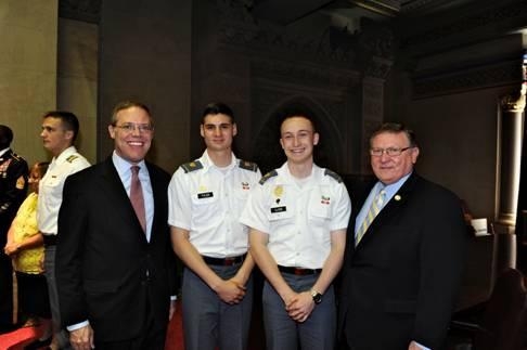 Left to right, Assemblyman Will Barclay (R,C,I-Pulaski), West Point Cadet Nicholas Tyler of Adams, Cadet Brandon A. Lloyd of Watertown, and Assemblyman Ken Blankenbush (R,C,I-Black River) celebrate th