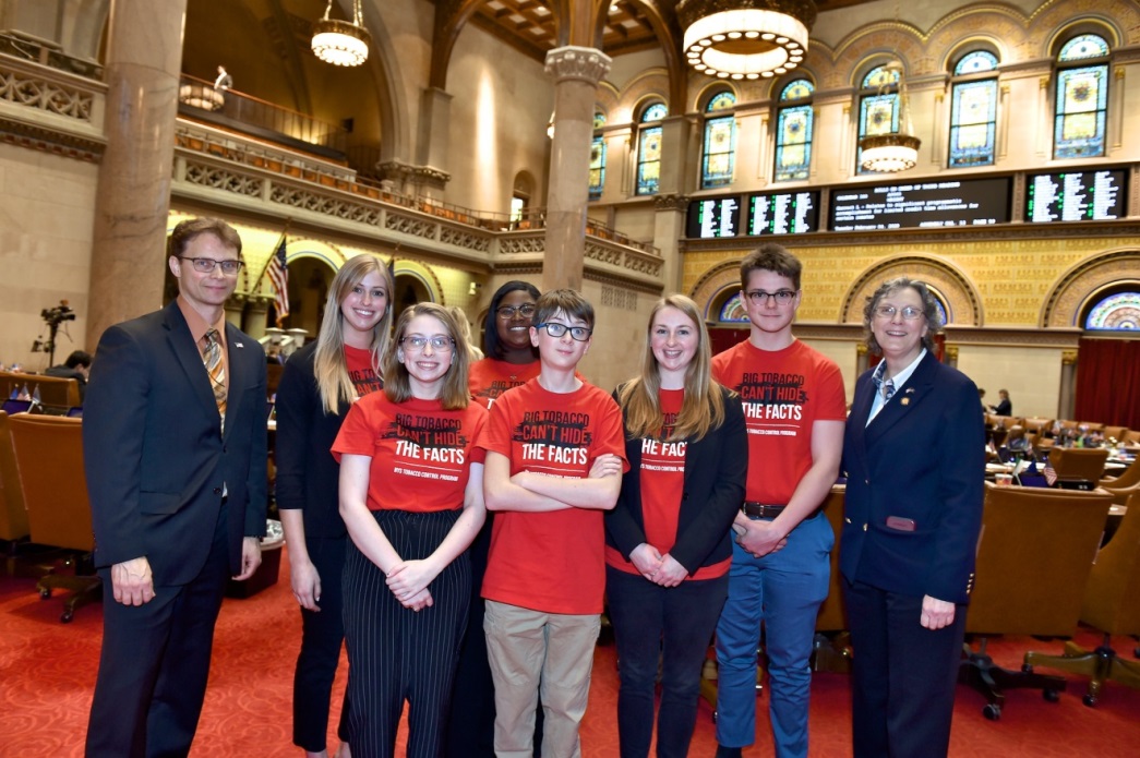 From left to right: Assemblyman Chris Friend (R,C,I-Big Flats), Reality Check Coordinator Samantha White, Amber Updike, Arianna Haskins, Wally Longwell, Southern Tier Tobacco Awareness Coalition Commu