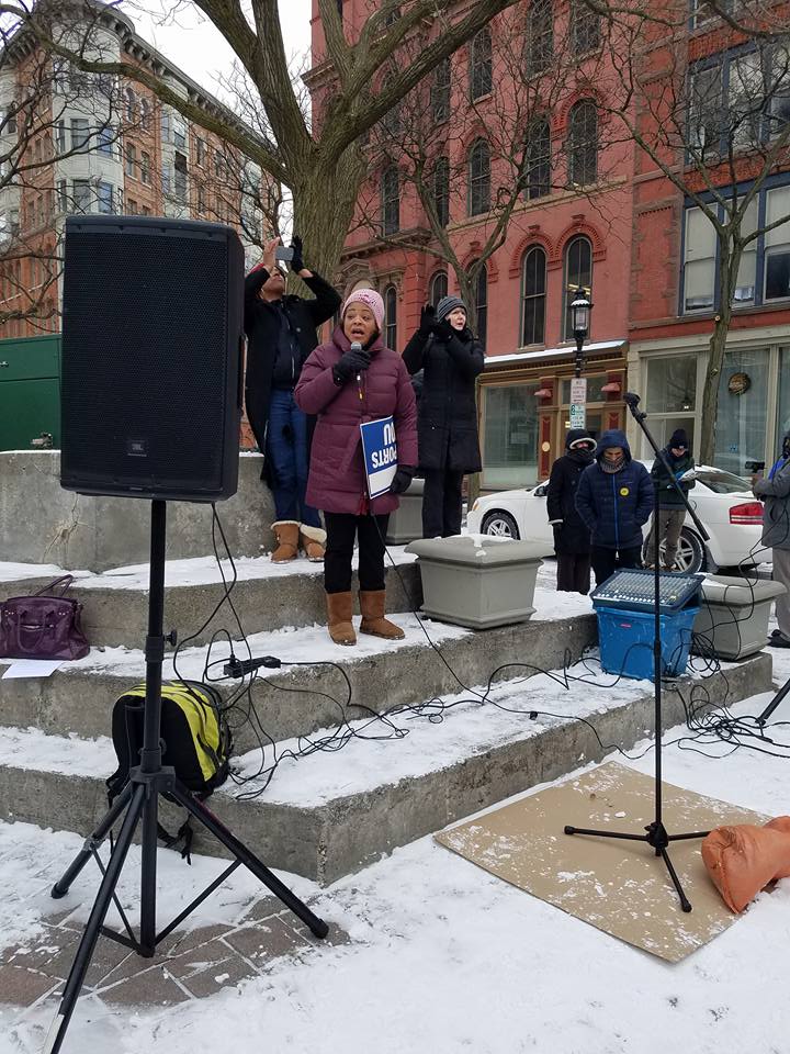 Assemblymember Hunter speaking at the #March4EducationNY rally in Syracuse.