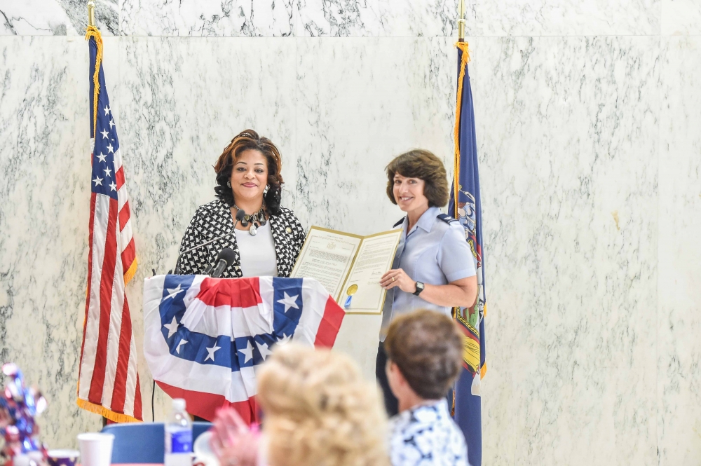 Assemblymember Hunter honors  Col. Maureen G. Murphy, commander of the 109th Mission Support Group of the New York Air National Guard for her service.