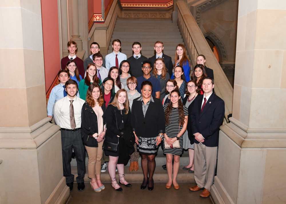 Assemblymember Hunter welcomes the West Genese High School to the NYS Assembly chamber.