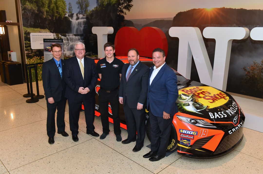 2019 Motorsports Appreciation Week exhibit in the Empire State Plaza, from left to right: Assemblyman Friend, Senator O'Mara, Professional Driver Colin Braun, Assemblyman Palmesano, and WGI Presid