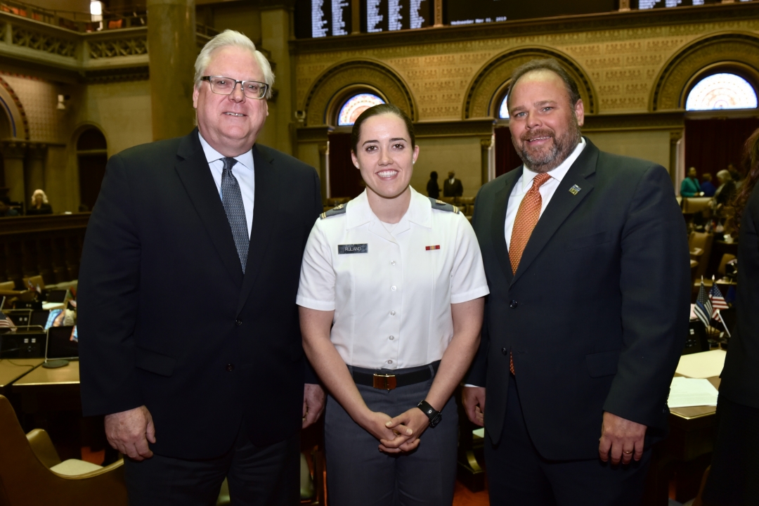 In the above photo from the floor of the New York State Assembly Chamber on May 1, Senator O’Mara (R,C,I–Big Flats) and Assemblyman Palmesano (R,C,I–Corning)  welcome West Point Cadet L