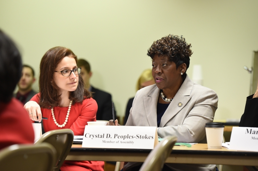 Assemblywoman Peoples-Stokes speaks during a roundtable discussing labor and pay equity related issues in Albany.