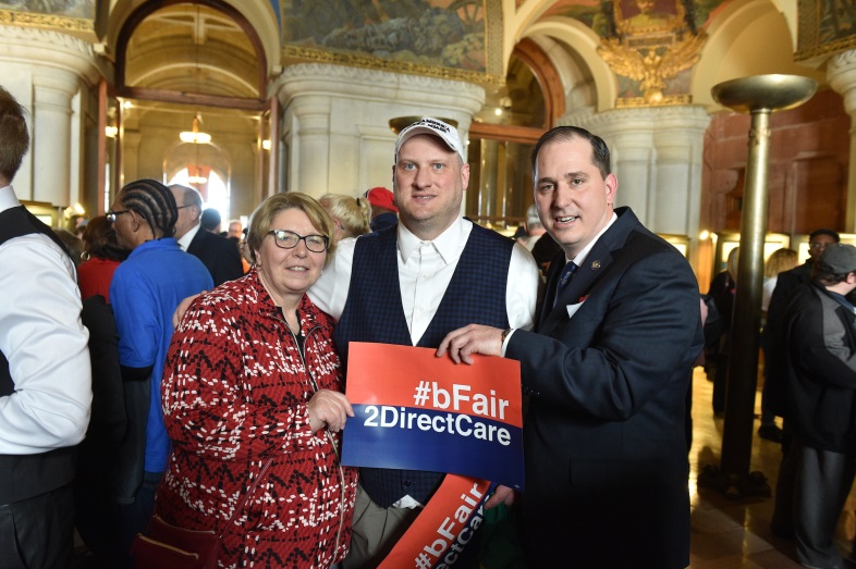 Assemblyman Mike Norris rallies to #bfair2directcare at the state Capitol on March 25, 2019 with direct care workers, clients and advocates including Jared Sy and Donna Saskowski, Executive Director o