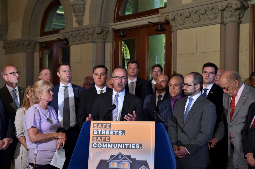 Assemblyman  Angelo J. Morinello (R,C,I,Ref-Niagara Falls) and his colleagues call on the Legislature to pass criminal justice amendments at a press conference in Albany.