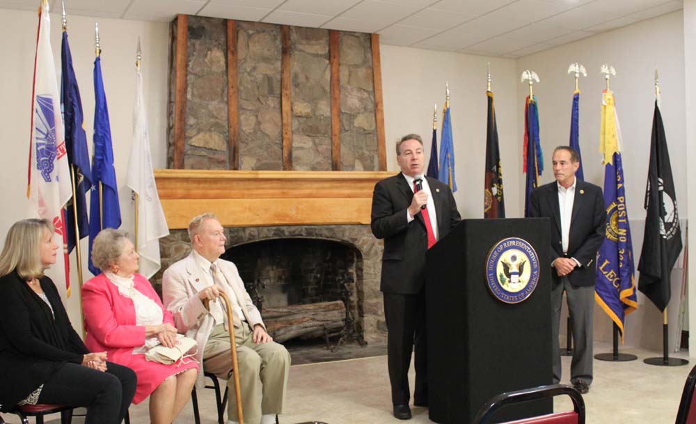 Assemblyman David DiPietro (R,C-East Aurora) addresses the audience as he joined Congressman Chris Collins (right) at the East Aurora American Legion to award Marine Corps Veteran Donald E. Schmidle (