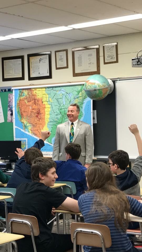 Assemblyman David DiPietro (R,C,I-East Aurora) participating in a debate with Mr. Jason Steinagle's seventh-grade class at Hamburg Middle School on Tuesday, December 19, 2017.