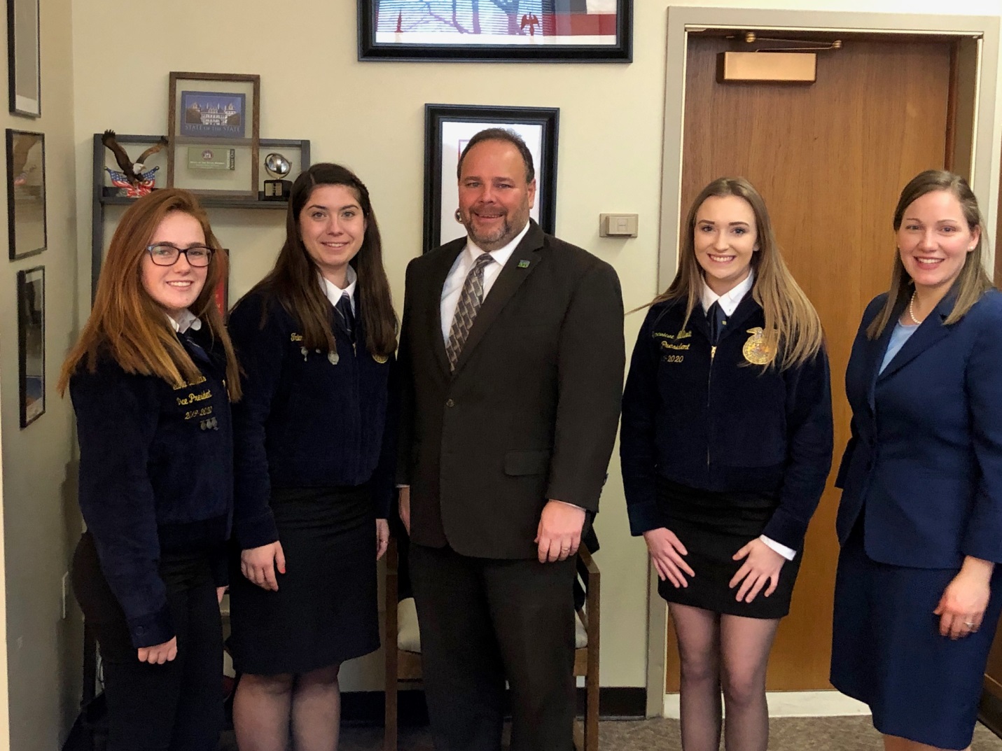 From left to right: Melina Everetts (Finger Lakes Region), Triana Burgos-Farnan (Penn Yan), Assemblyman Phil Palmesano (R,C,I-Corning), Genna Elliott (Penn Yan) and Kaylie Siddall from The New York Future Farmers of America (FFA).