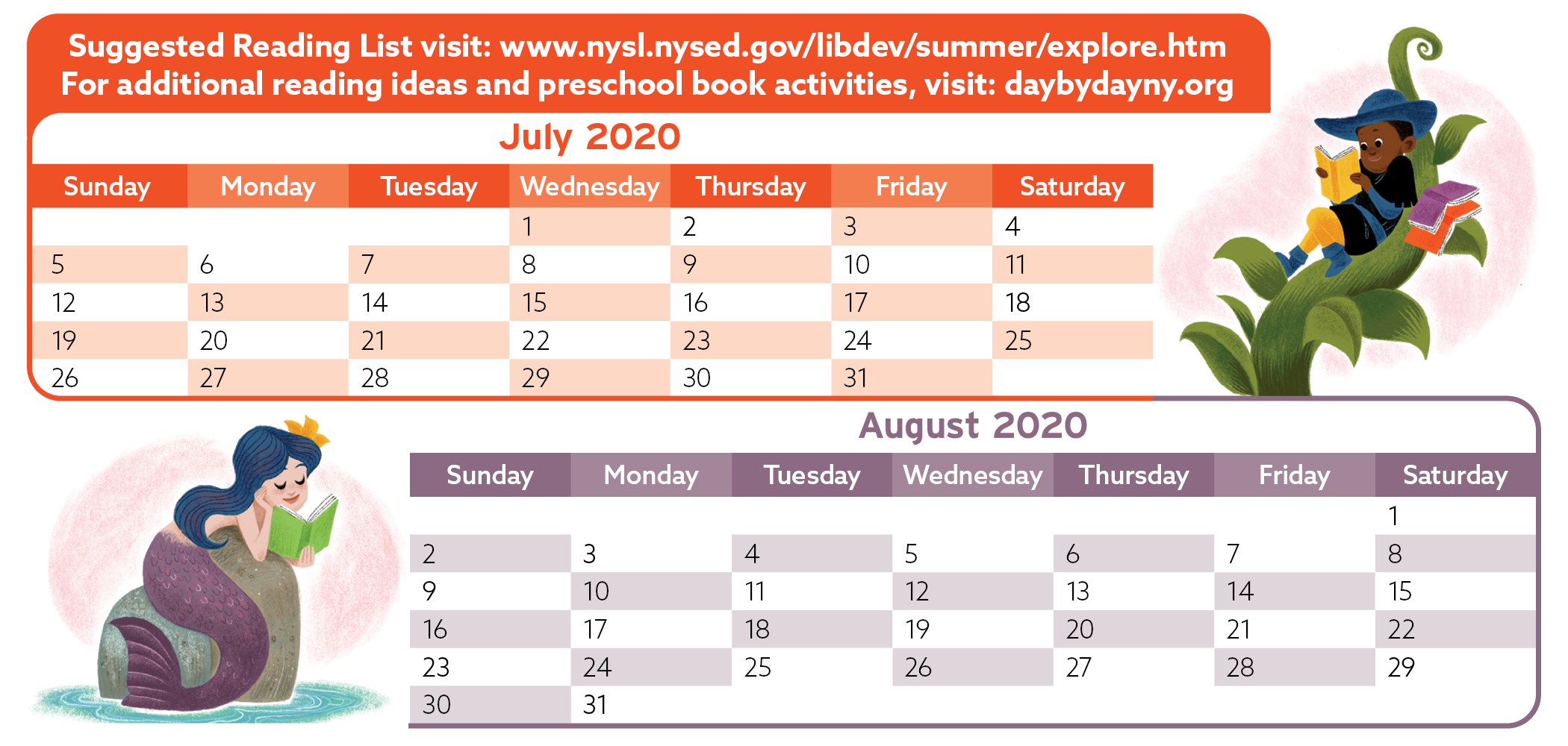 2020 Summer Reading Calendar