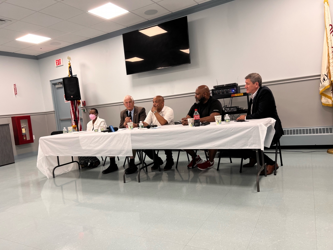 Pictured in the second photo with Speaker Heastie in Gordon Heights is (from left to right): a resident of Gordon Heights, Assemblymember Steve Englebright, Civic Association President E. James Freeman and District 1 Councilmember Jonathan Kornreich.